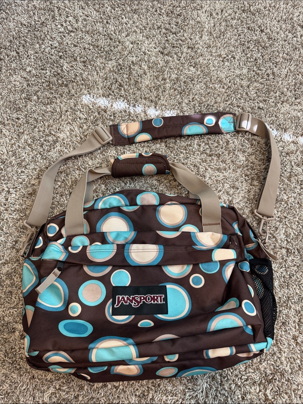 Vintage JanSport Brown Turquoise Retro Circle Print Travel / Laptop Bag